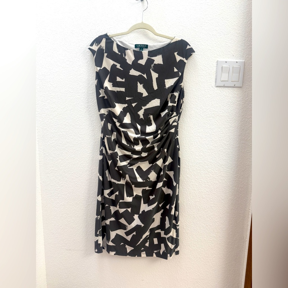 Ralph Lauren Charcoal Grey and White Abstract Midi Dress
